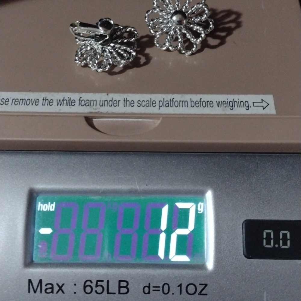 CORO VINTAGE DOUBLE LAYERED FLORAL SILVER-TONE DROP CLIP-ON 1" EARRINGS - Picture 9 of 10